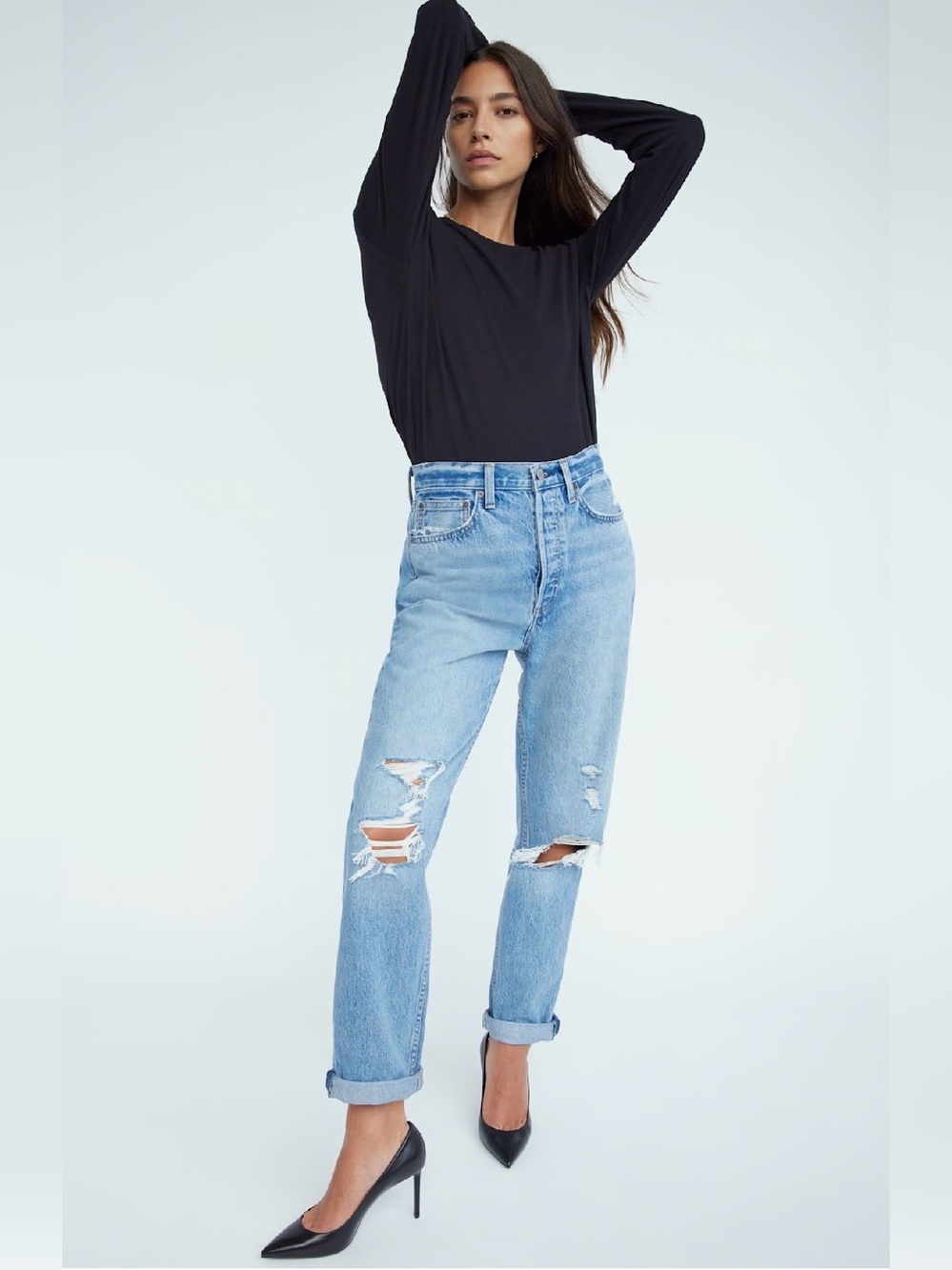 DENIM FORUM The BF High Rise Loose Distressed Jeans